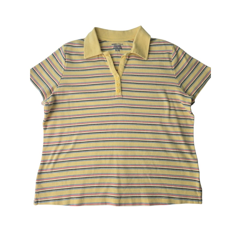 Basic Editions Women's Yellow Striped Short Sleeve Polo Shirt Size XL‎ EG